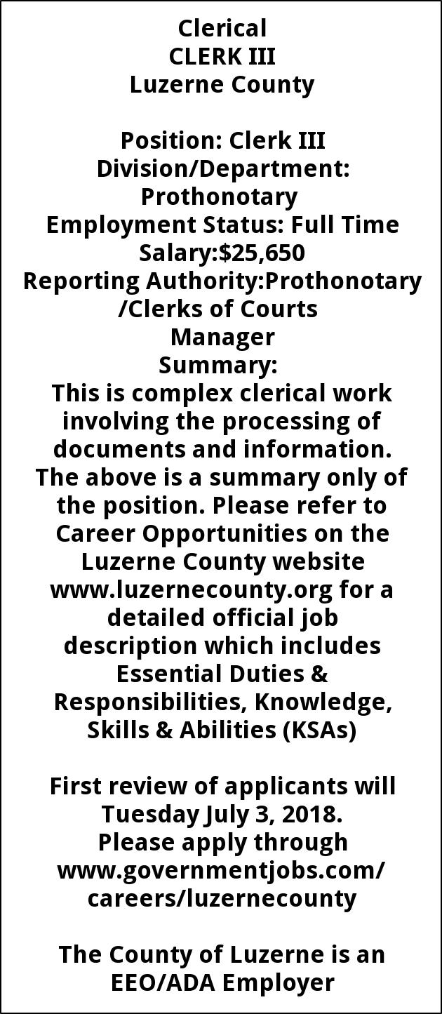 Clerk III Luzerne County