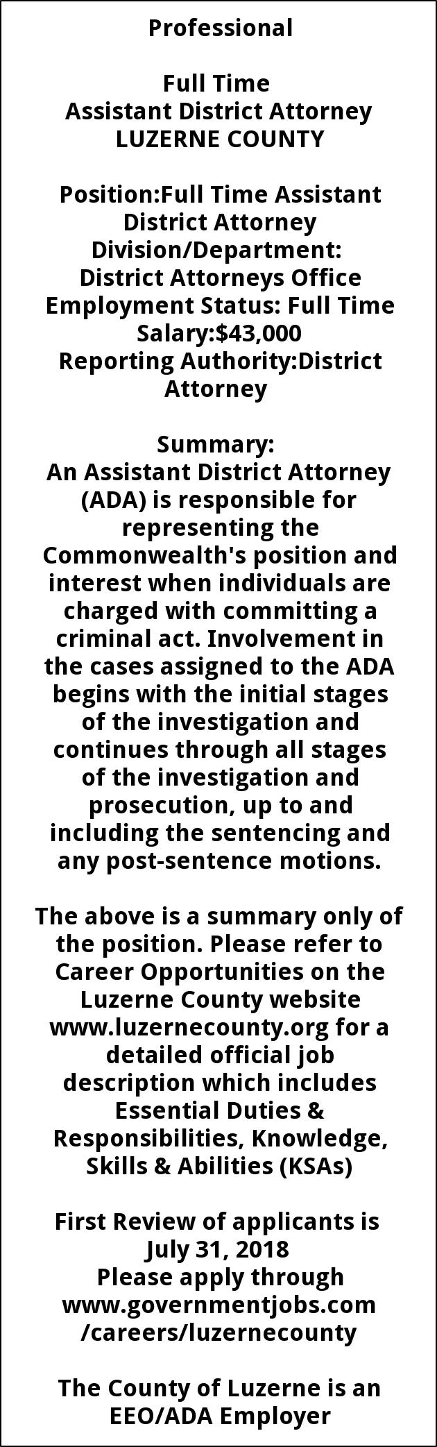 Asst District Attorney, Luzerne County Asst District Attorney, Luzerne County
