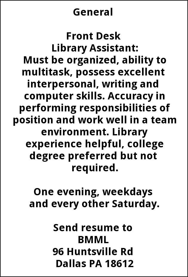 Front Desk Library Assistant Back Mountain Memorial Library - 