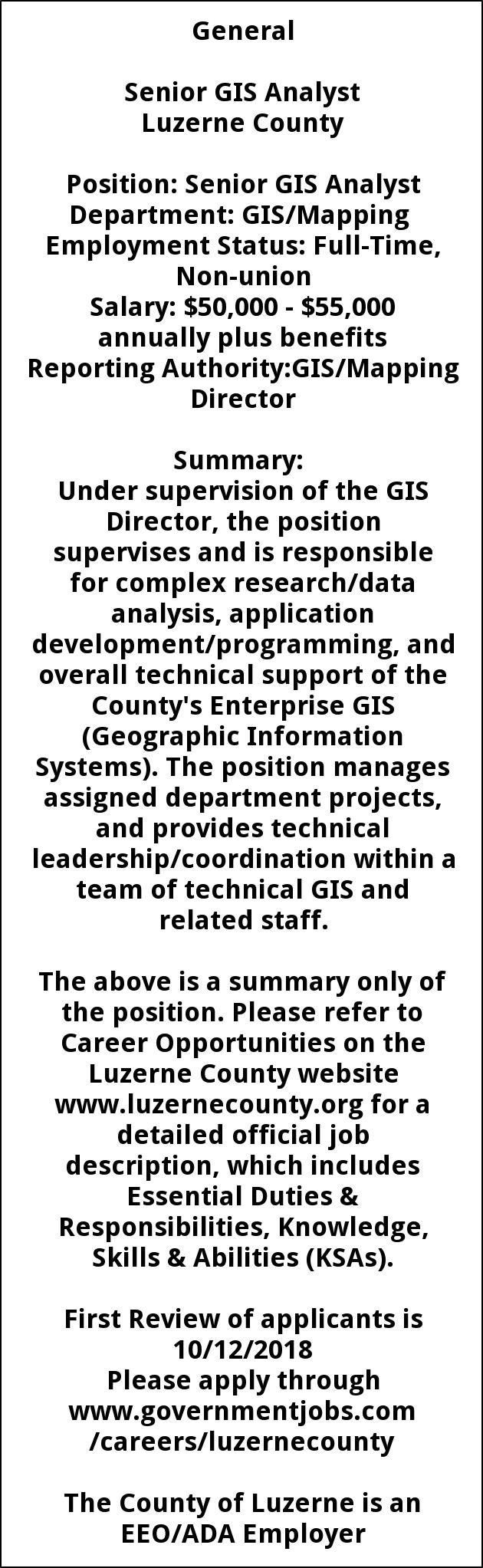 Sr GIS Analyst, Luzerne County