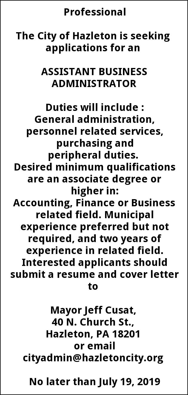 Assistant Business Administrator City Of Hazleton Hazleton Pa - 