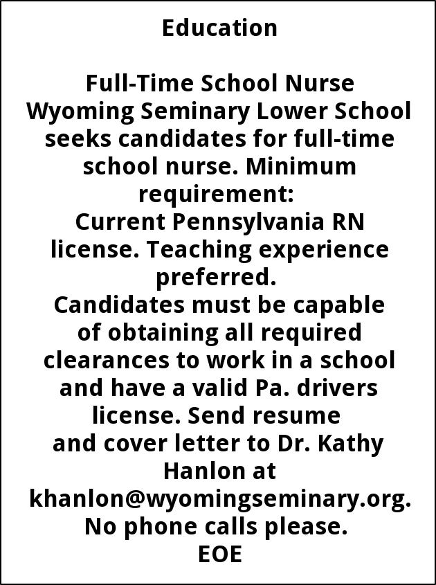Full Time School Nurse, Wyoming Seminary, Forty Fort, PA