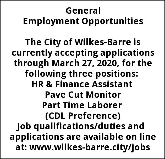 Employment Opportunities, The City Of WilkesBarre, Wilkes Barre, PA