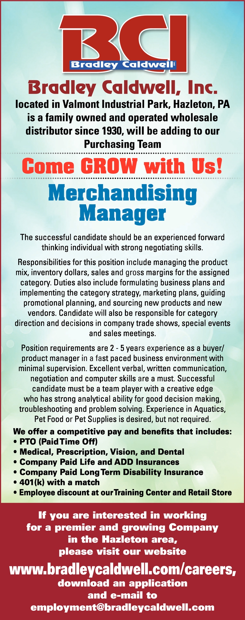 Merchandising Manager, Bradley Caldwell, Inc., Hazleton, PA