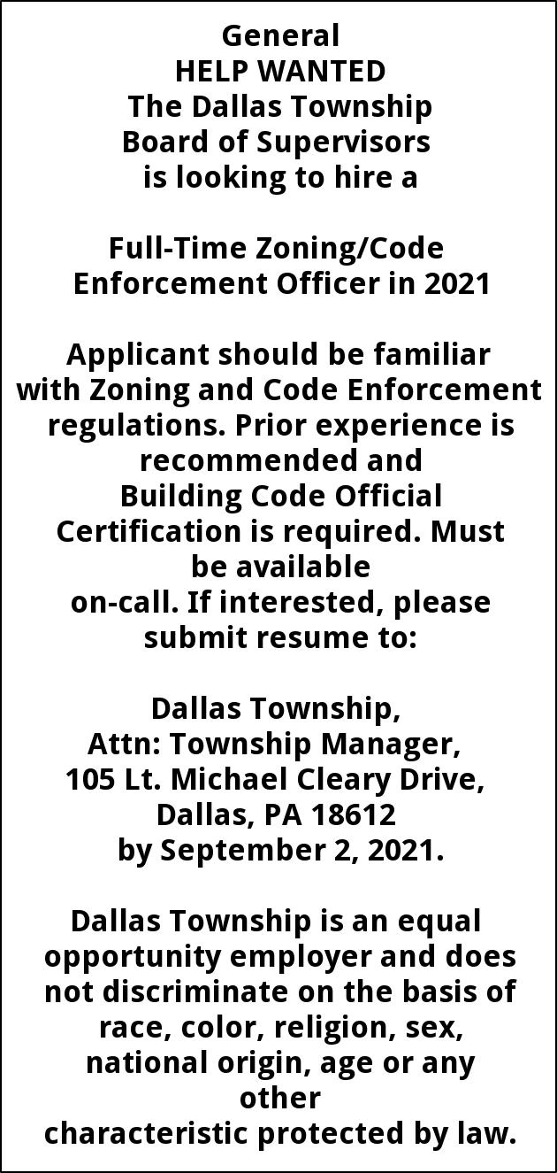 Zoning/Code Enforcement Officer, Dallas Township Board Of Supervisors,  Dallas, PA