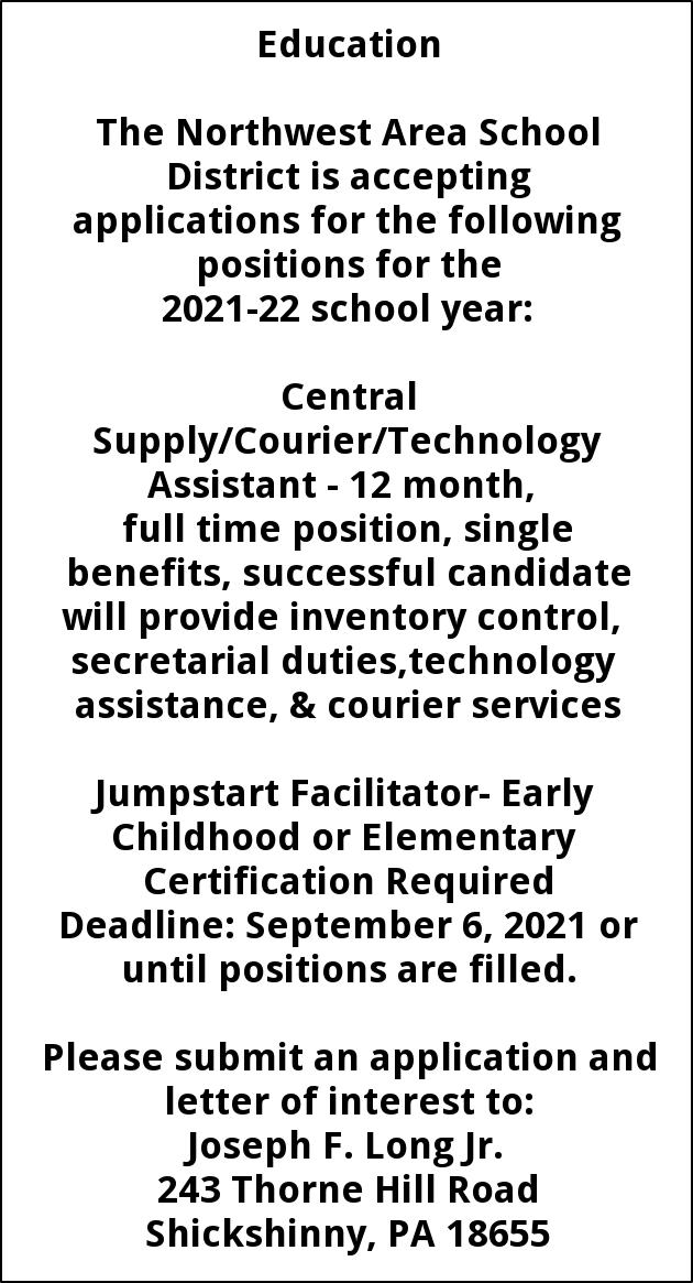 Central Supply/Courier/Technology Assistant, Northwest Area School  District, Shickshinny, PA