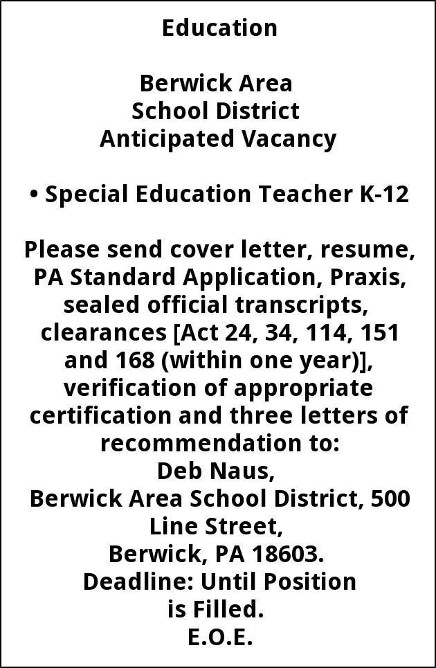 Special Education Teacher K-12, Berwick Area School District 