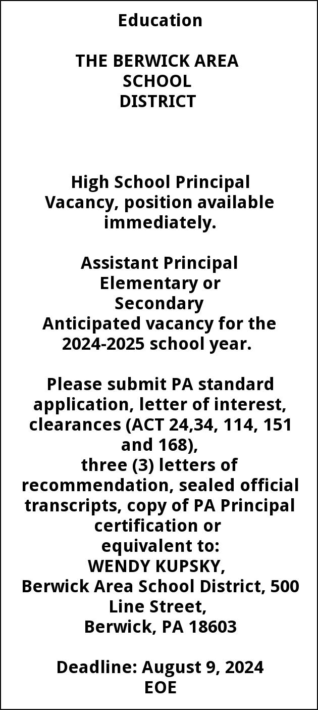 High school Principal, Berwick Area School District, Berwick, PA