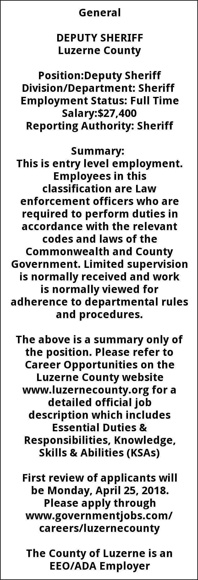 Deputy Sheriff, Luzerne County